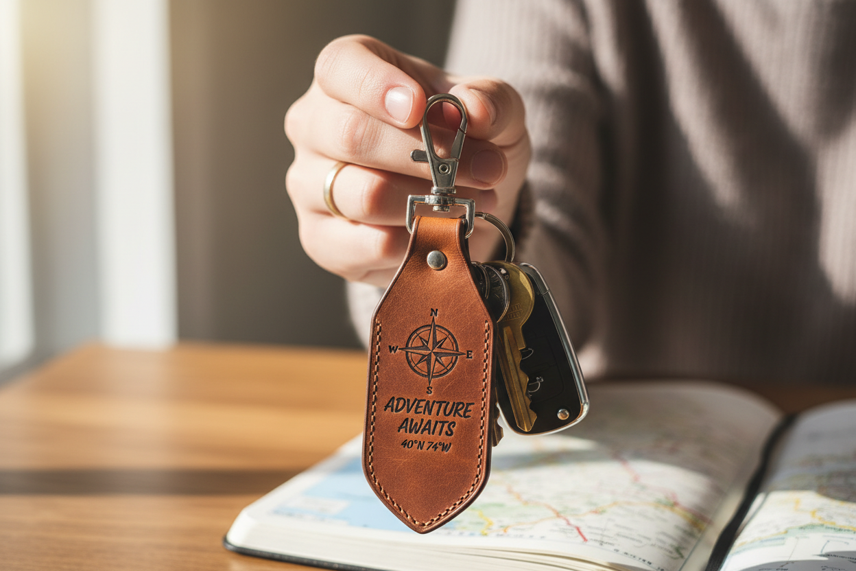 make an image of someone with their custom laser engraved leather keychain