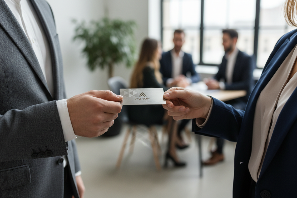 Make an image of two people exchanging a metal business card
