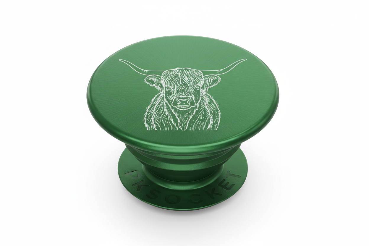 Make me a green aluminum magsafe pop socket with a highland cow engraved in white on the front
